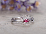 0.6ct Marquise Cut Pink Ruby Engagement Ring Bridal Set 14k White Gold Finish