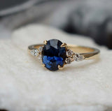2ct Engagement Ring Oval Cut Blue Sapphire Diamond Petite 14k Yellow Gold Finish