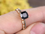 Cushion Cut Black Diamond Bridal Set Engagement Ring 14k Yellow Gold Finish
