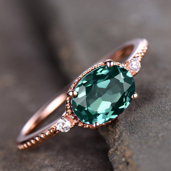1.1ct Oval Cut Green Emerald Solitaire Engagement Ring 14k Rose Gold Finish