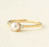 0.35ct Round Cut Simulated Diamond Three Stone Pearl Ring 14k Yellow Gold Plated