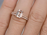 2ct Emerald Cut Peach Morganite Engagement Ring Bridal Set 14k Rose Gold Finish