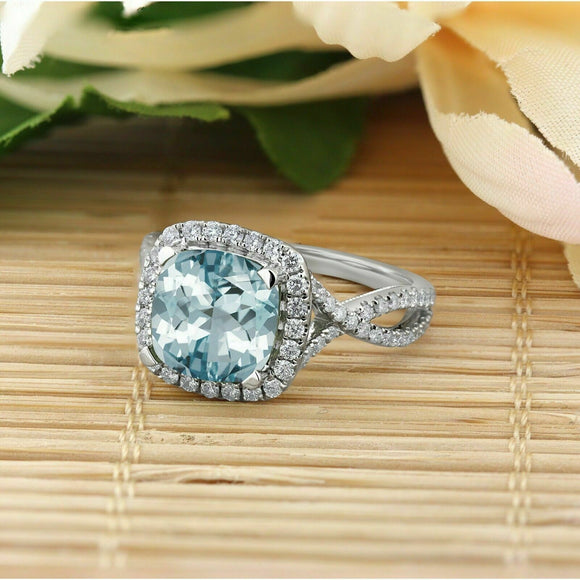 2.5ct Cushion Cut Blue Aquamarine Split Band Engagement Ring 18K White Gold Over