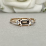 1.6ct Engagement Ring Emerald Cut Peach Morganite Trilogy 14k Rose Gold Finish