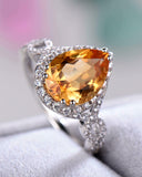 2Ct Pear Cut Yellow Citrine Diamond Halo Engagement Ring 14K White Gold Finish