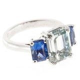 3ct Emerald Cut Diamond Blue Sapphire Accents Trilogy Ring 14k White Gold Finish