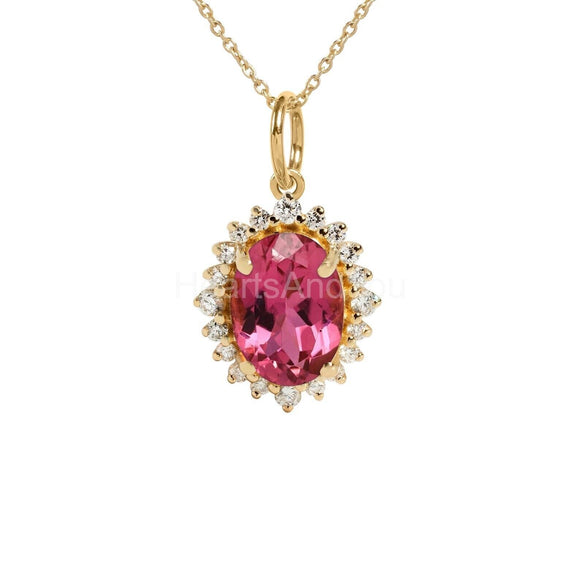 2ct Oval Simulated Pink Sapphire Halo Pendant with Chain 14k Yellow Gold Plated