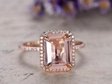 2.5ct Emerald Cut Peach Morganite Engagement Ring Halo 14k Rose Gold Finish