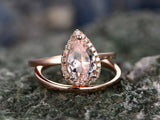 1Ct Pear Cut Peach Morganite Bridal Set Halo Engagement Ring 14K Rose Gold Over