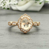2ct Engagement Ring Oval Cut Peach Morganite Halo Milgrain 14k YellowGold Finish