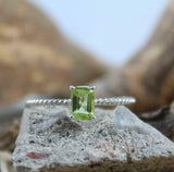 1ct Engagement Ring Emerald Cut Green Peridot Twist Solitaire 14k WhiteGold Over
