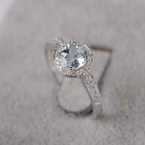 2.1ct Round Cut Blue Aquamarine Halo Diamond Accents Ring 14k White Gold Finish