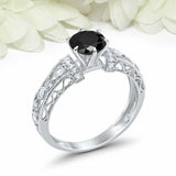 2ct Round Cut Black Diamond Filigree Vintage Inspired Ring 14k White Gold Finish