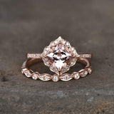 1.5ct Cushion Cut Morganite Floral Bridal Set Engagement Ring 14k Rose Gold Over