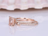 1ct Emerald Cut Simulated Morganite Curved Halo Bridal Set 14k Rose Gold Plated