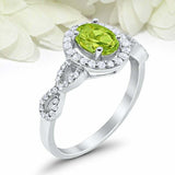 2ct Oval Cut Green Peridot Engagement Ring Twist Shank Halo 14k WhiteGold Finish