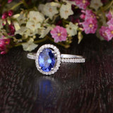 2.2ct Oval Cut Blue Tanzanite Halo Promise Engagement Ring 14k White Gold Finish