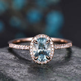 2Ct Oval Cut Blue Aquamarine Halo Solitaire Engagement Ring 18K Rose Gold Finish