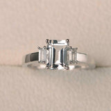 1.5ct Engagement Ring Emerald Cut Diamond Accents Trilogy 14k White Gold Finish