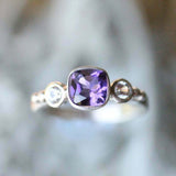 1.2ct Cushion Cut Purple Amethyst Engagement Ring Trilogy 14k White Gold Finish
