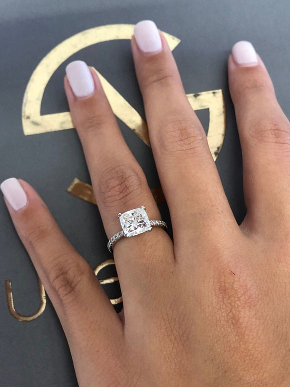 0.75ct Cushion Cut Diamond Accent Band Solitaire Engage Ring 14k White Gold Over