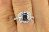 3Ct Cushion Cut Black Diamond Accent Halo Engagement Ring 14K White Gold Finish