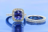 2.4ct Cushion Blue Sapphire Filigree Milgrain Bridal Set Ring 14k WhiteGold Over