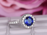2.5ct Round Cut Blue Sapphire Milgrain Halo Solitaire Ring 14k White Gold Finish