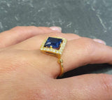 2ct Engagement Ring Princess Cut Blue Sapphire Diamond Halo 14k Yellow Gold Over