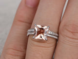 1ct Princess Cut Morganite Bridal Set Engagement Ring Band 14k White Gold Finish
