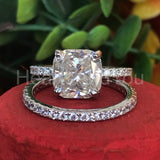 2ct Cushion Cut Simulated Diamond Bridal Set Full Eternity 14k White Gold Plated