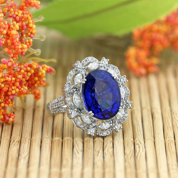6Ct Oval Cut Blue Sapphire Dual Vintage Halo Engagement Ring 14K White Gold Over