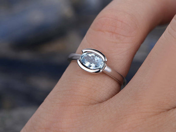 0.75Ct Oval Cut Blue Aquamarine Solitaire Engagement Ring 14K White Gold Finish