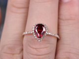 1.4ct Pear Cut Red Garnet Engagement Ring Solitaire Halo 14k Rose Gold Finish
