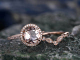3Ct Round Cut Peach Morganite Halo Bridal Set Engagement Ring 14K Rose Gold Over