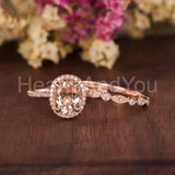 2ct Oval Cut Simulated Morganite Halo Milgrain Bridal Set 14k Rose Gold Plated