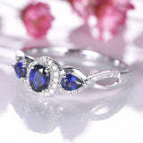 2.2ct Oval Cut Blue Sapphire Engagement Ring Halo Trilogy 14k White Gold Finish