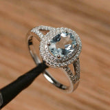2.4ct Oval Cut Blue Aquamarine Double Halo Engagement Ring 14k White Gold Finish