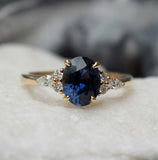 2ct Engagement Ring Oval Cut Blue Sapphire Diamond Petite 14k Yellow Gold Finish