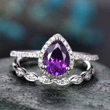 2Ct Pear Purple Amethyst Bridal Set Vintage Engagement Ring 14K White Gold Over