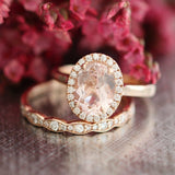 1.3ct Oval Cut Peach Morganite Bridal Set Engagement Ring 14k Rose Gold Finish