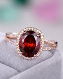 4Ct Oval Cut Red Garnet Split Shank Halo Engagement Ring 14K Rose Gold Finish