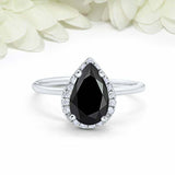 3ct Pear Cut Black Diamond Engagement Ring Halo Minimalist 14k White Gold Finish