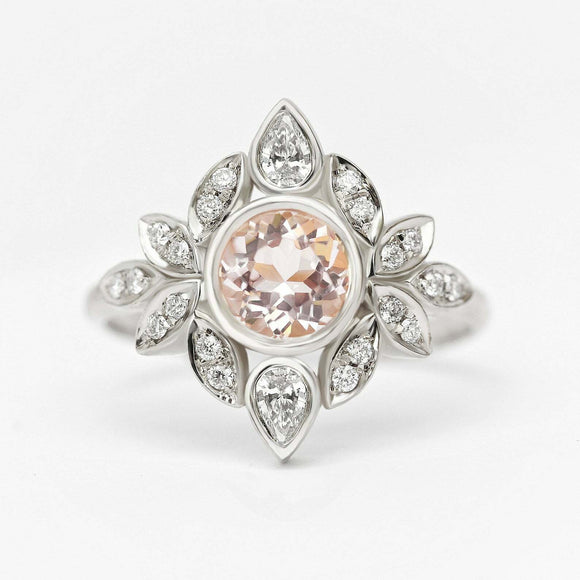 2.25ct Round Cut Morganite Engagement Ring Floral Art Deco 14k White Gold Finish