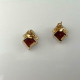 1.5ct Princess Red Garnet Square Crown Design Stud Earrings 14k Yellow Gold Over