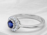 2.2ct Round Cut Blue Sapphire Milgrain Floral Halo Ring 14k White Gold Finish