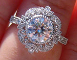 Floral Milgrain Engagement Ring 2.7ct Round Cut Diamond 14k White Gold Finish