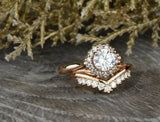 1.7ct Round Cut Diamond Engagement Ring 14k Rose Gold Over Halo Crown Bridal Set
