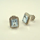 2.2ct Emerald Cut Blue Aquamarine Diamond Halo Stud Earrings 14k White Gold Over