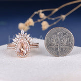 2.2ct Pear Cut Simulated Morganite Curved Halo Bridal Set 14k Rose Gold Plated